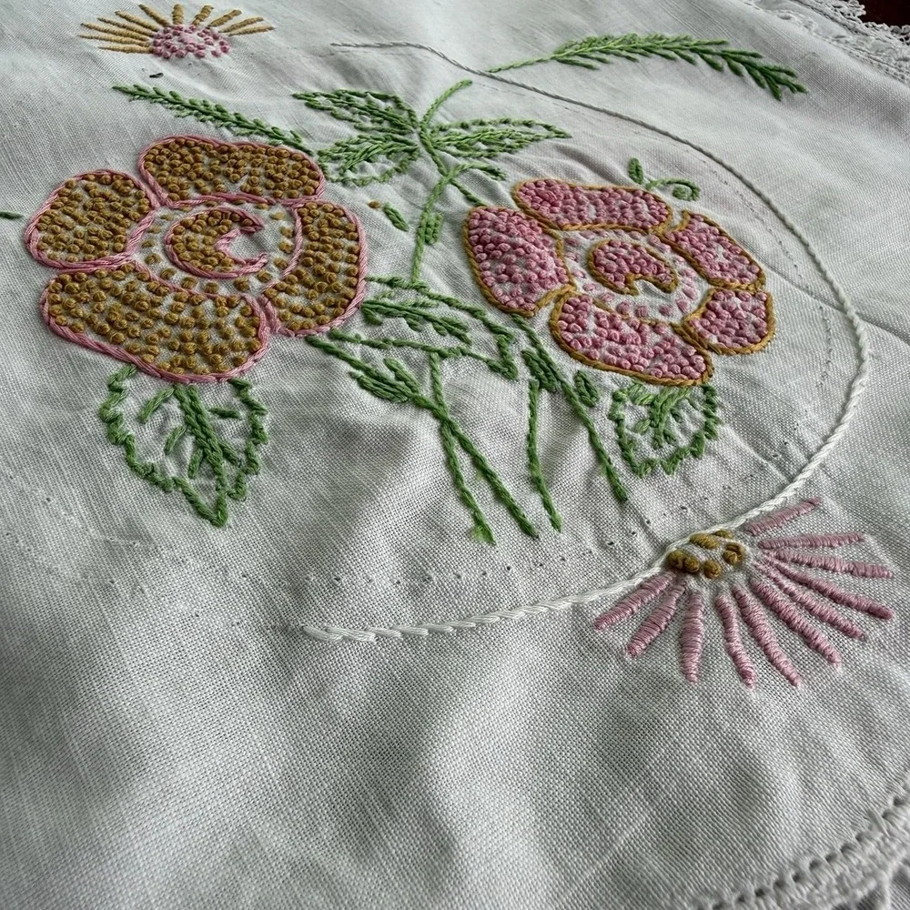 Vtg Hand-Embroidered Floral Linen Table Runner With Lace Tatted Edging 34